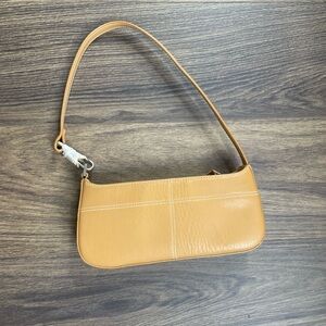 Light brown retro shoulder bag with white stitching detail